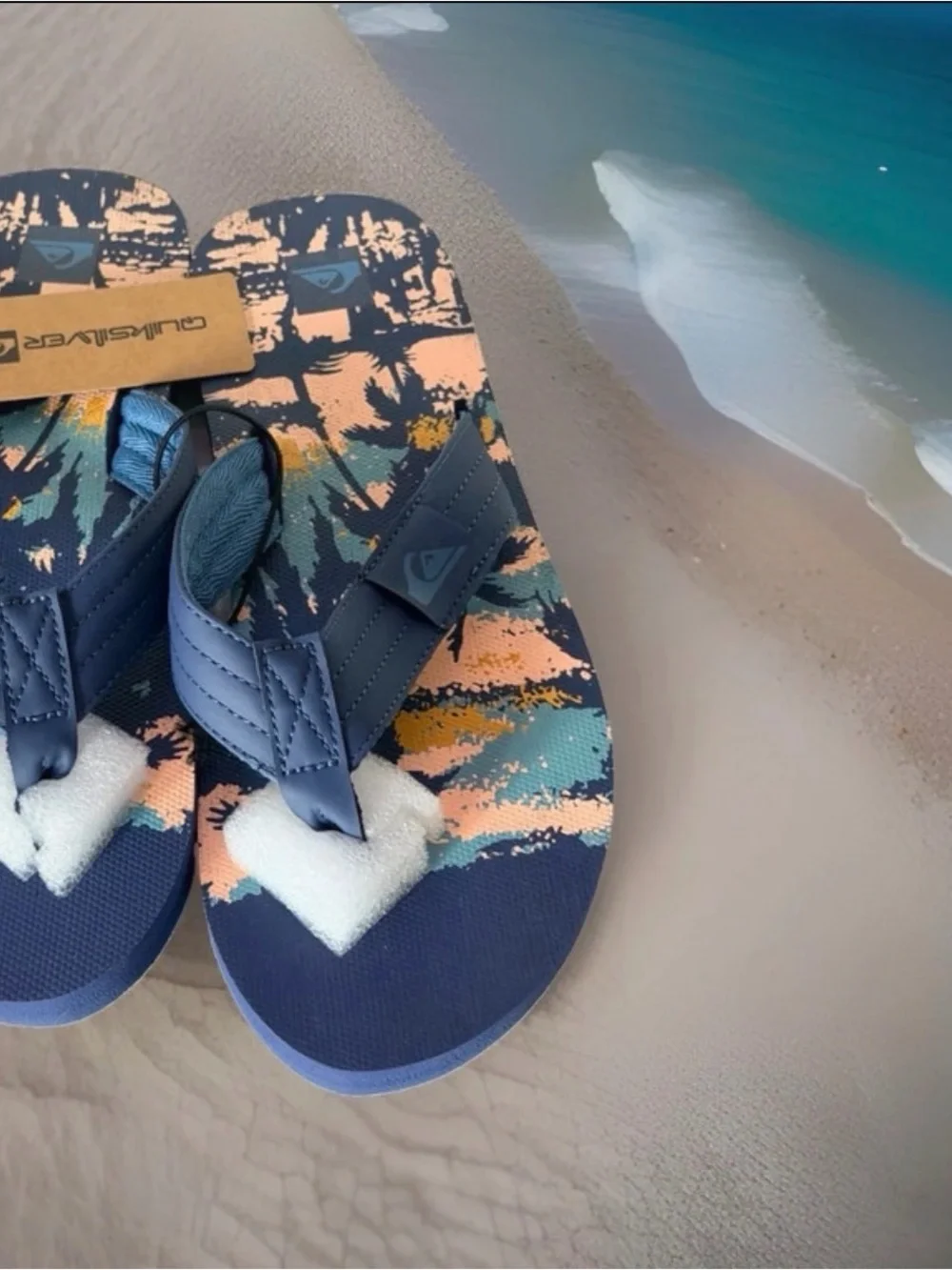 Quiksilver Foundation Men’s Size 9 Flip Flops Sandals. Navy Sunset Print. New